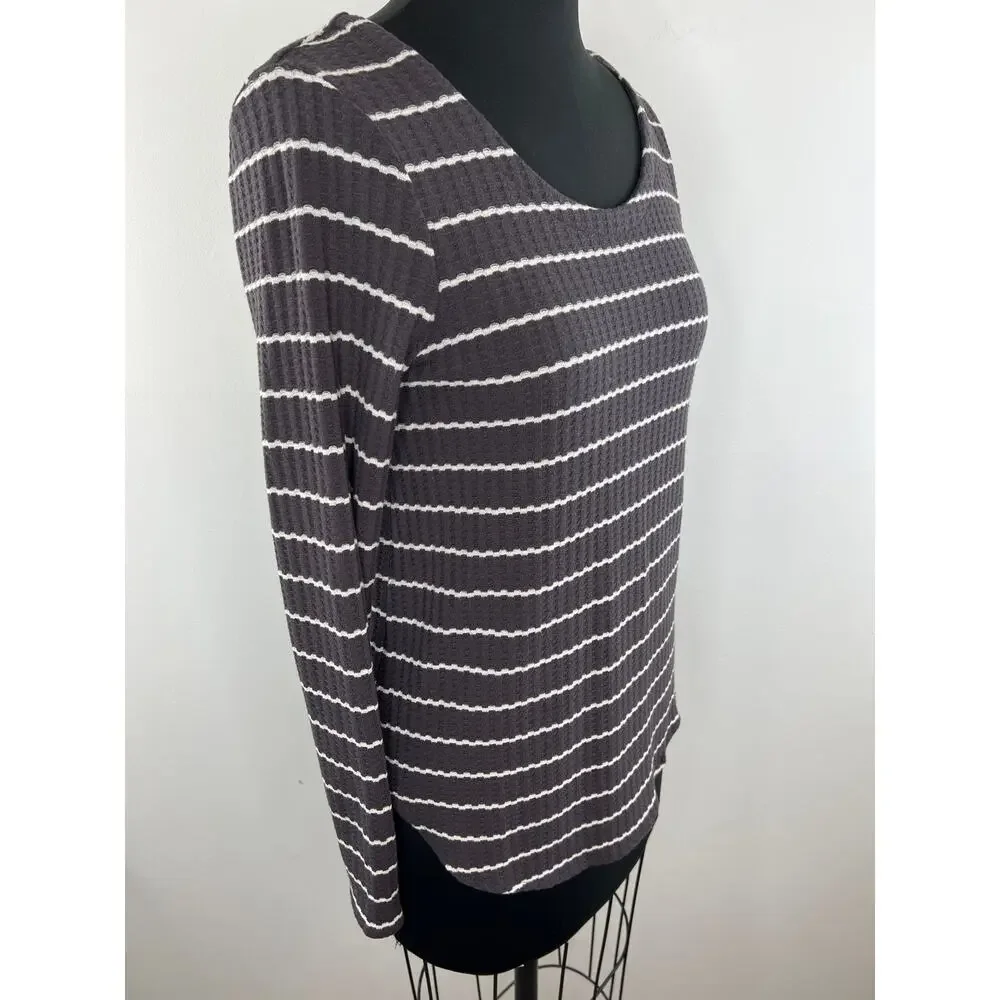 CHASER Gray White Striped Long Sleeve Waffle Knit Women's Top Size S Small